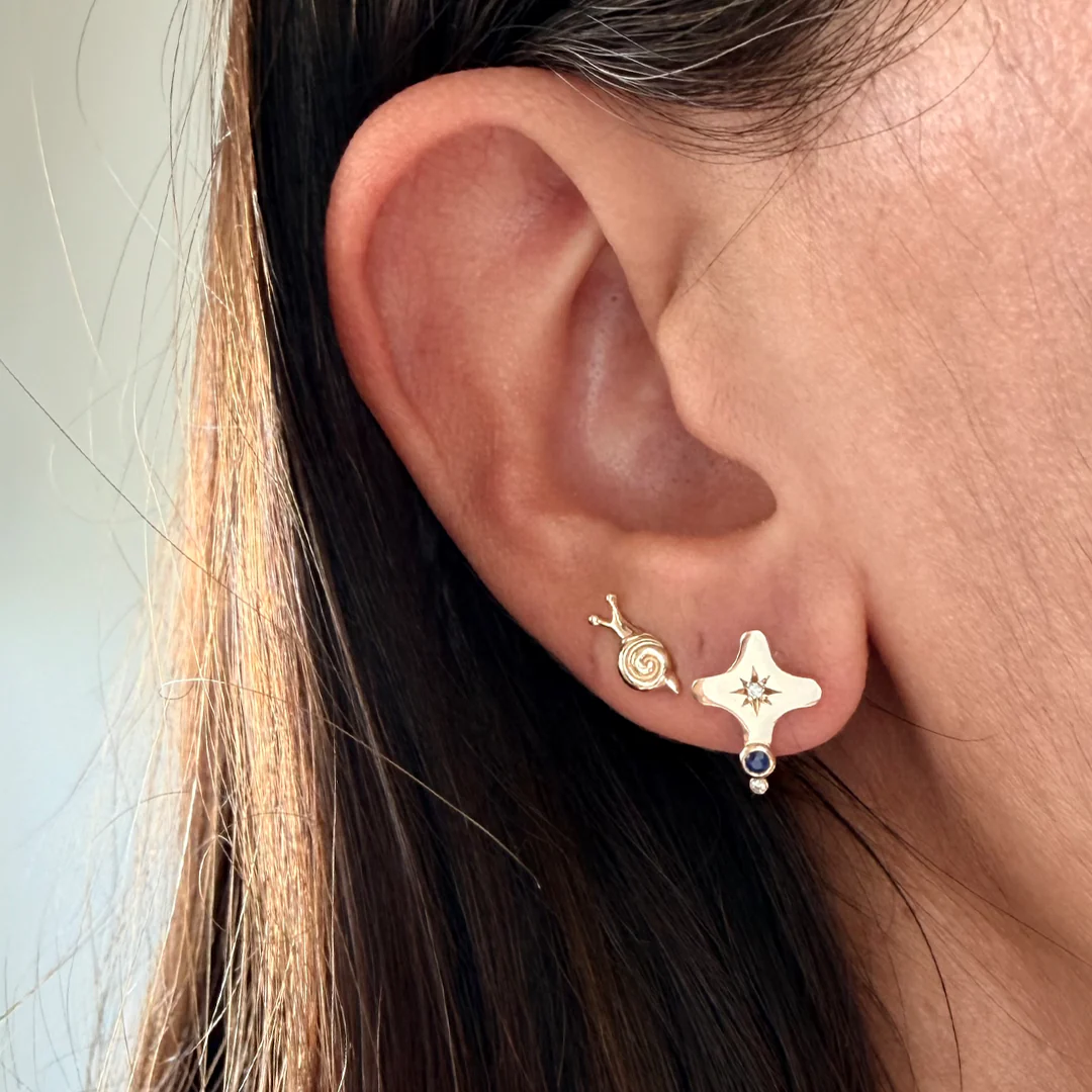 14K Gold Star Diamond Stud Earrings with Sapphire - Image 3