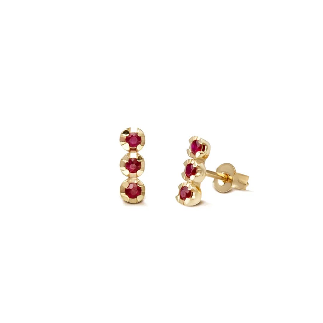 14K Gold Stud Earrings with 3 Rubies in line