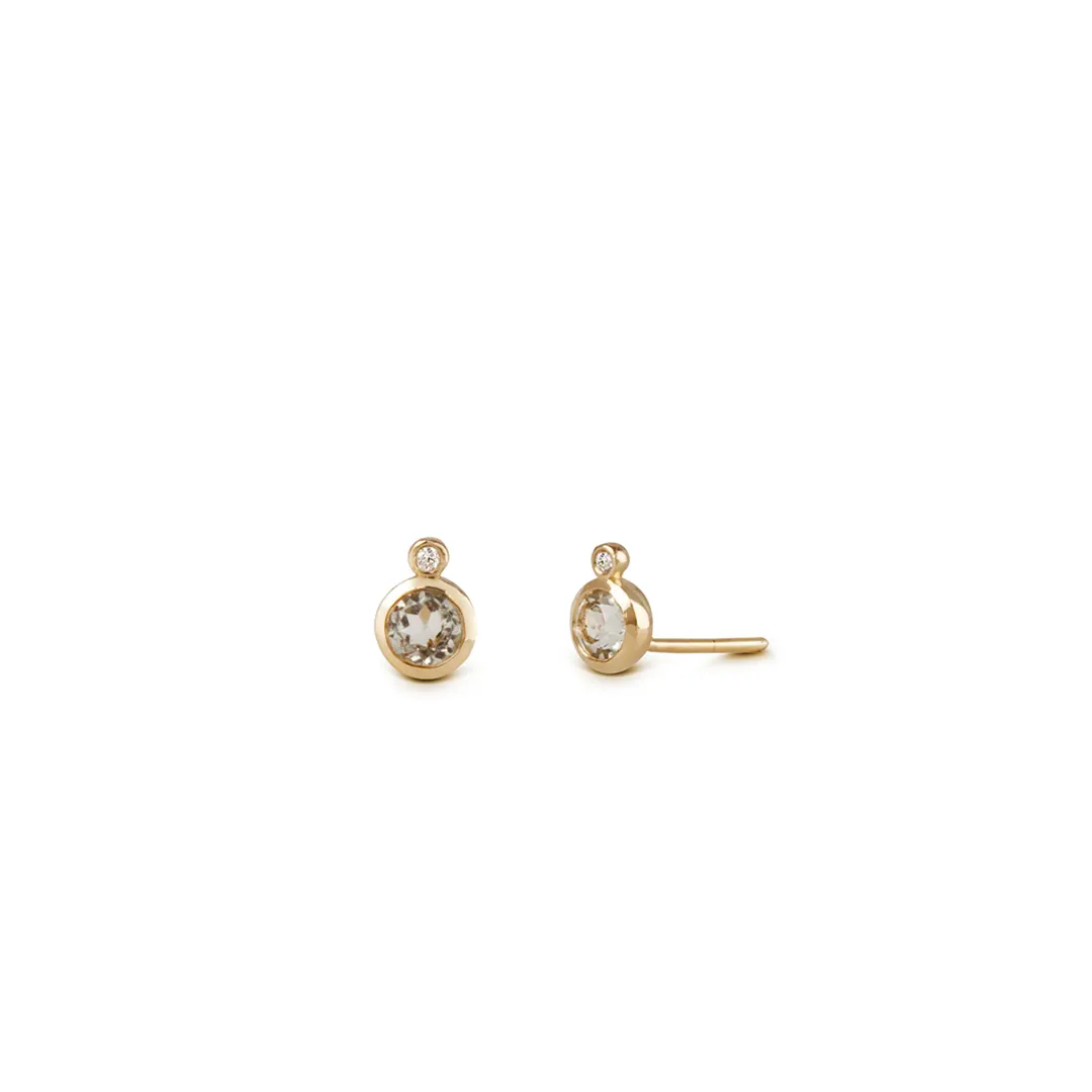 14K Gold Stud Solitair Brown Diamond Earrings with a Tiny Diamond below