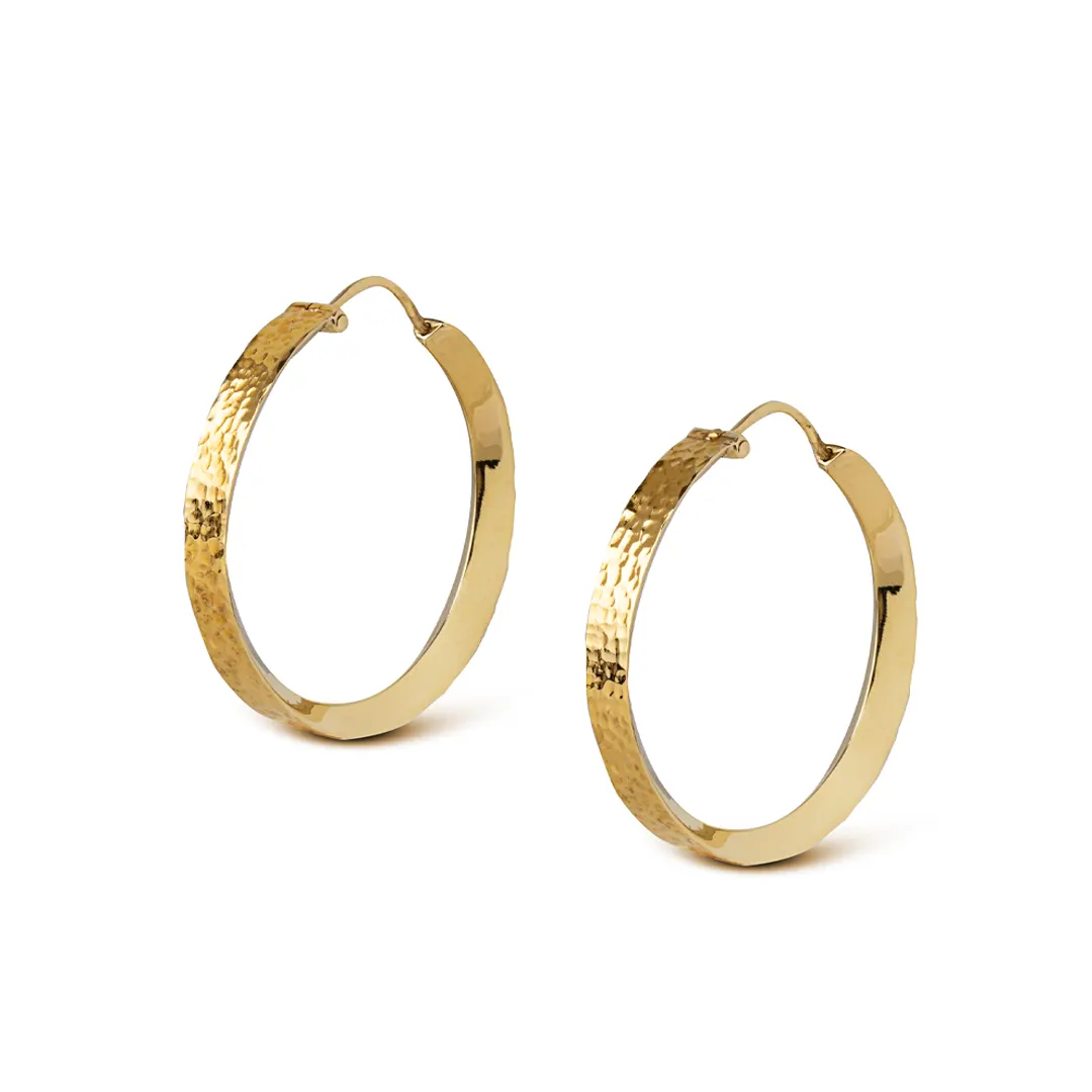 14K Gold thick round hammered hoops