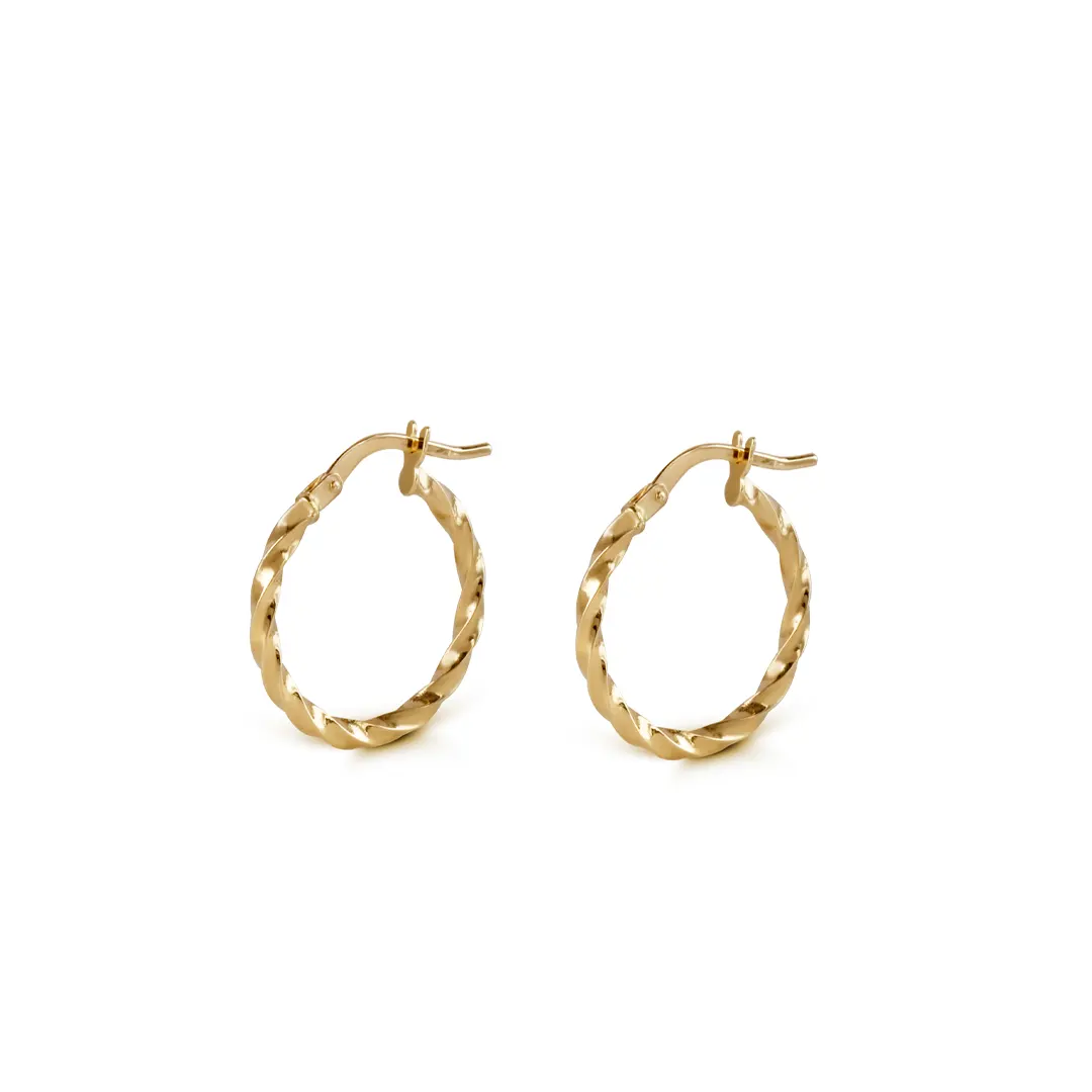 14K Gold thin round twisted hoops, medium size