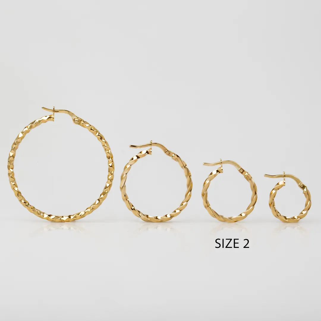 14K Gold thin round twisted hoops, medium size - Image 3