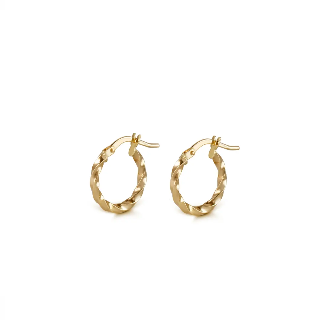 14K Gold thin round twisted hoops, small size