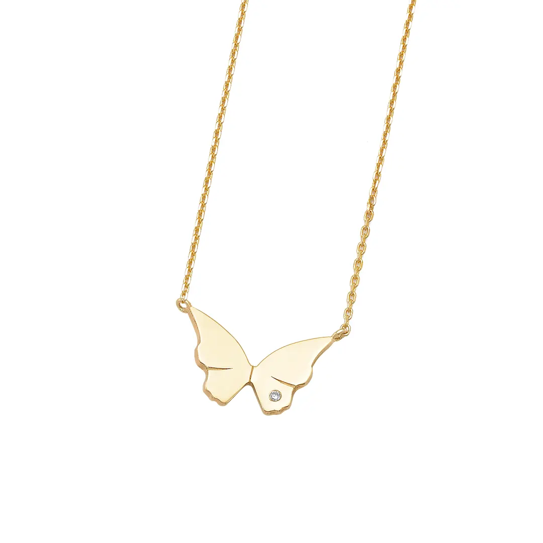 14K Gold Tiny Butterfly Necklace with Diamond - Image 2
