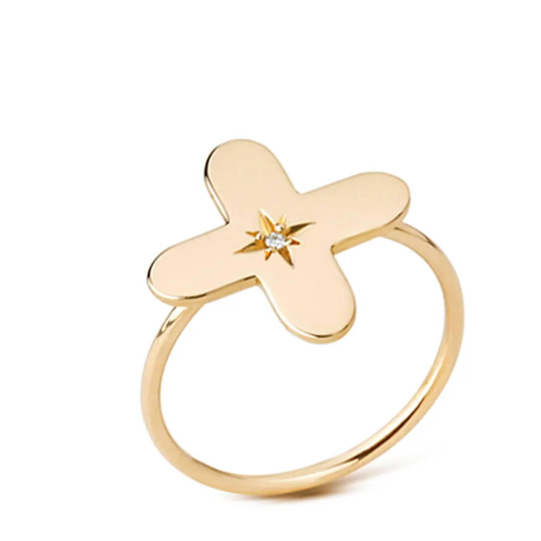 14K Gold Cross Diamond Star Ring