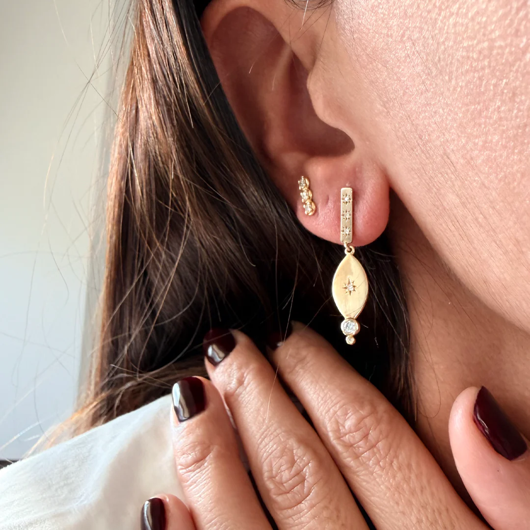 14K Gold Navette Diamond Star Earrings - Image 3