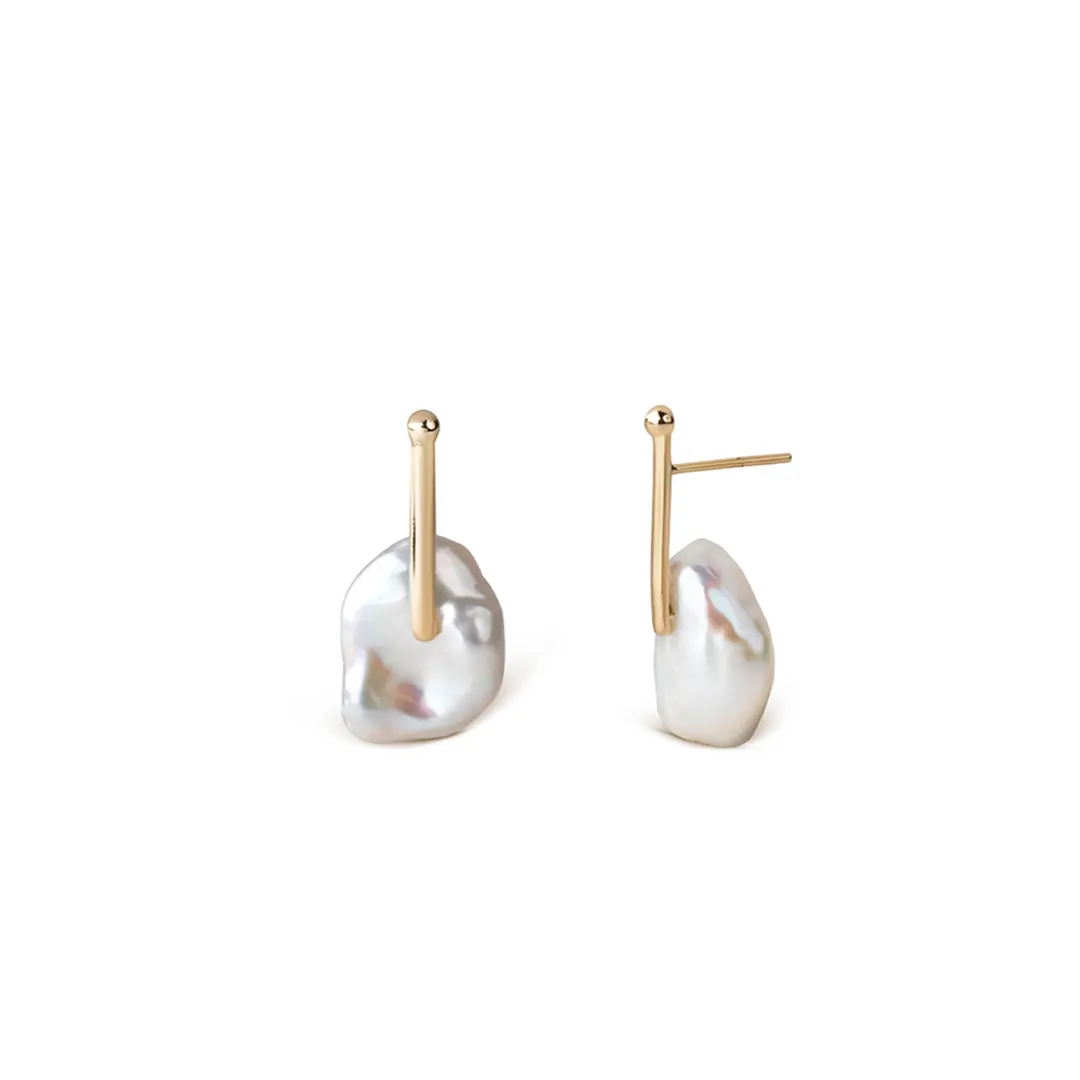 14K oval Baroque pearl Line Earrings