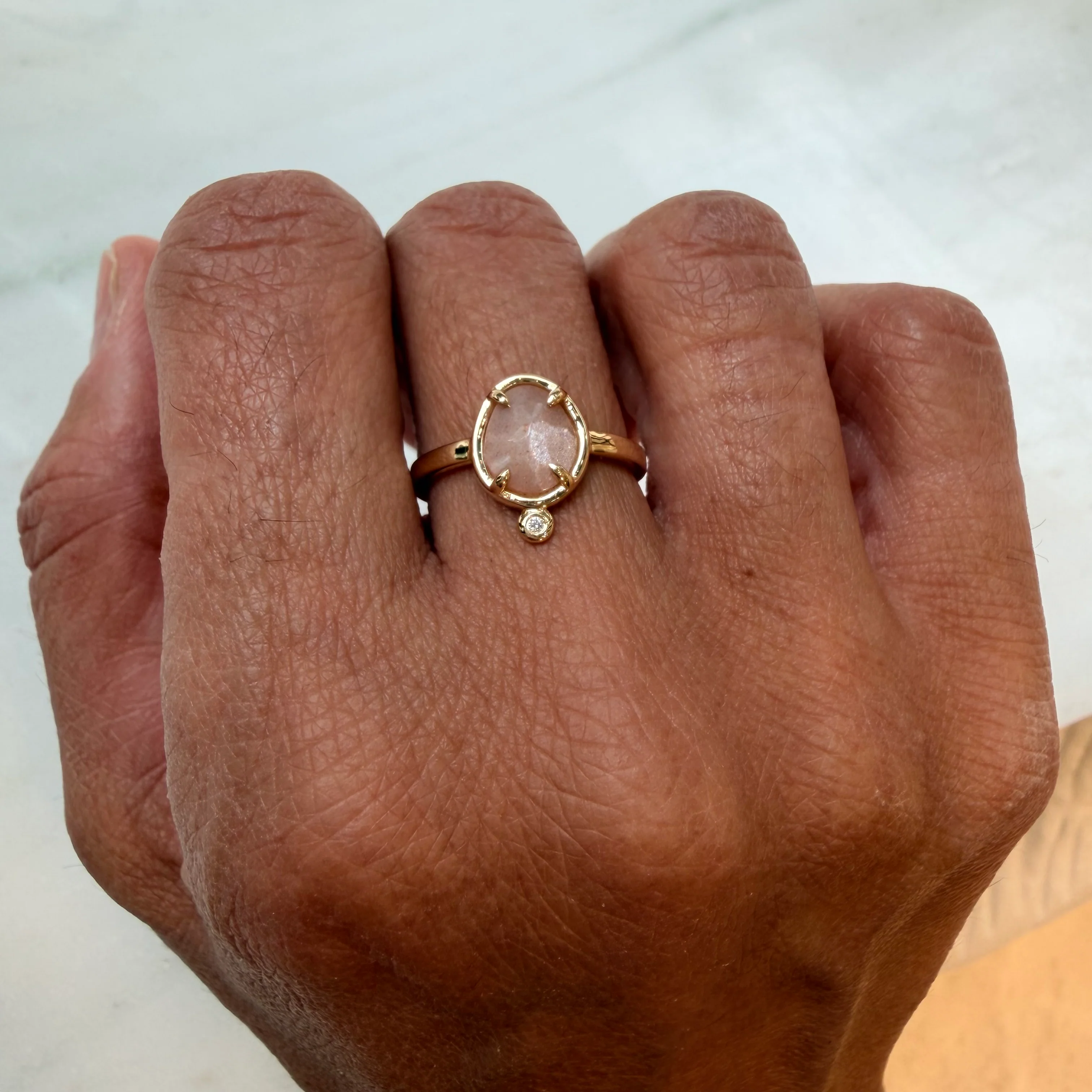Celestial Song–  14K Gold Ring with Moonstone & Diamond - Image 2