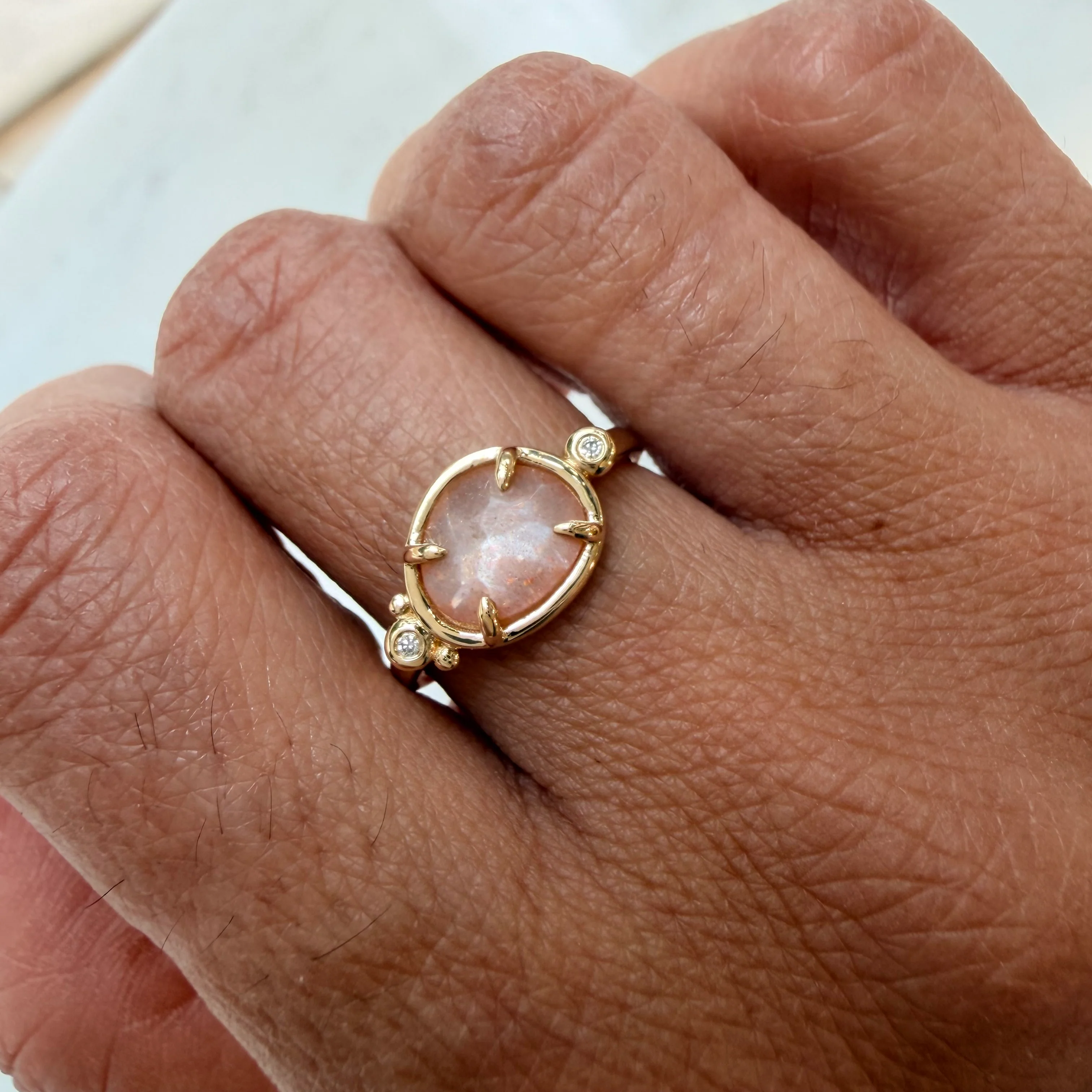 Soft Eclipse– 14K Gold Ring with Moonstone & Diamonds - Image 2