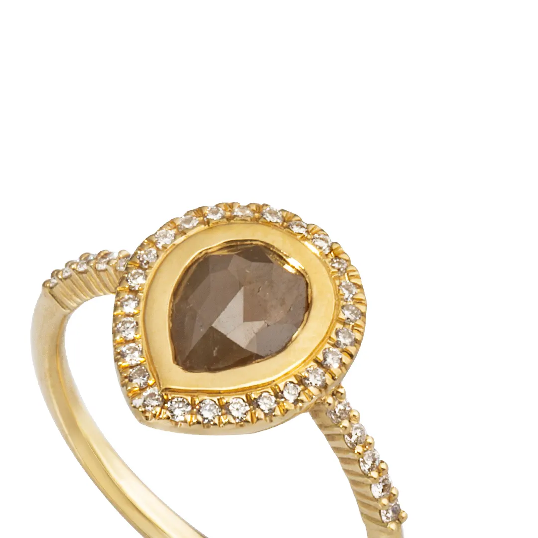 18K Gold Pear-Shaped Rosecut Diamond Ring with White Diamond Halo - Image 2