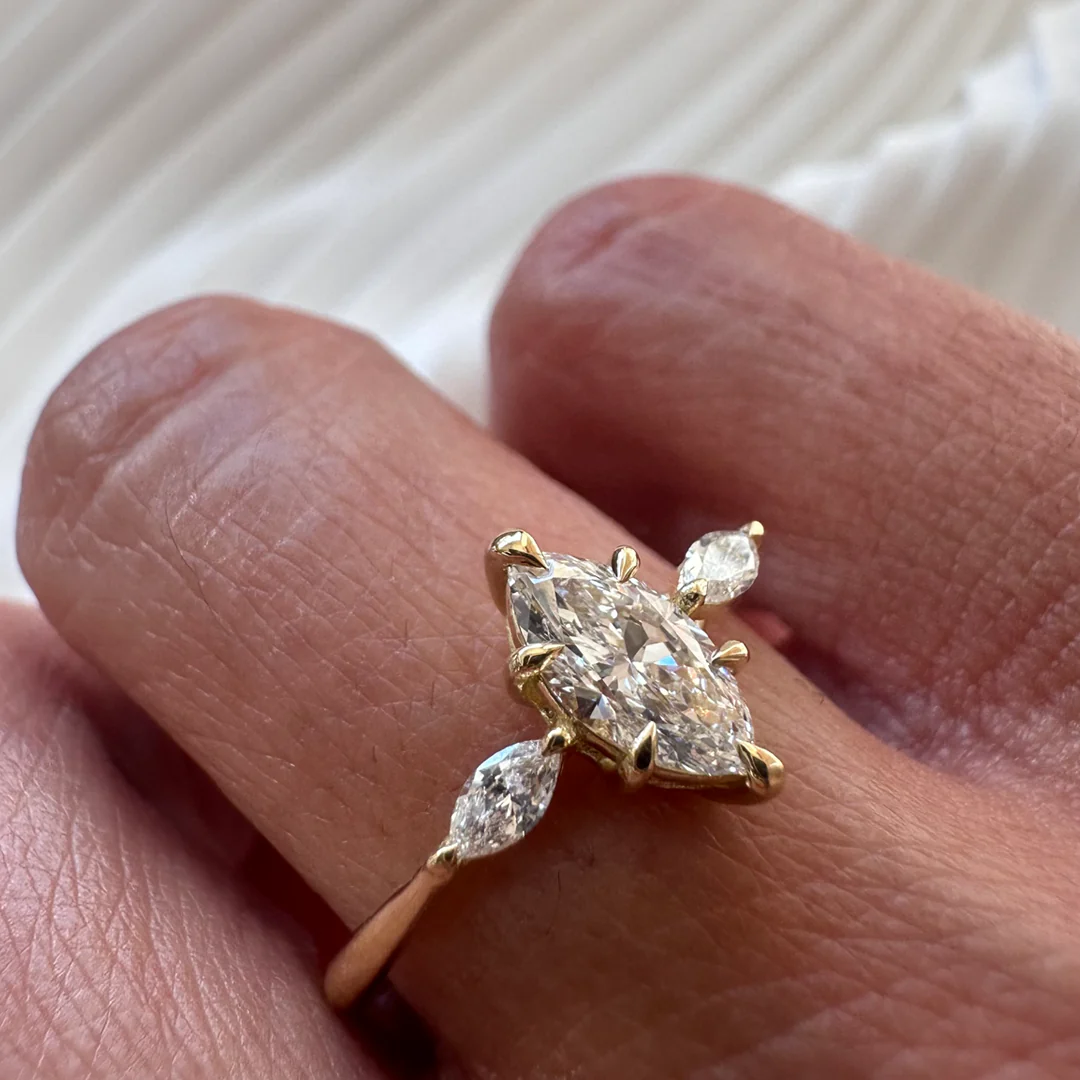 18K Yellow Gold Marquise LAB Diamond Ring with 1 Diamond on each side - Image 8