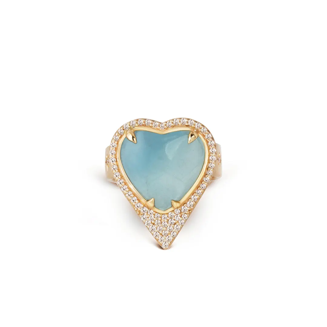Aquamarine Heart Shaped 14K Gold Thick Band Ring  surrounded by Diamonds