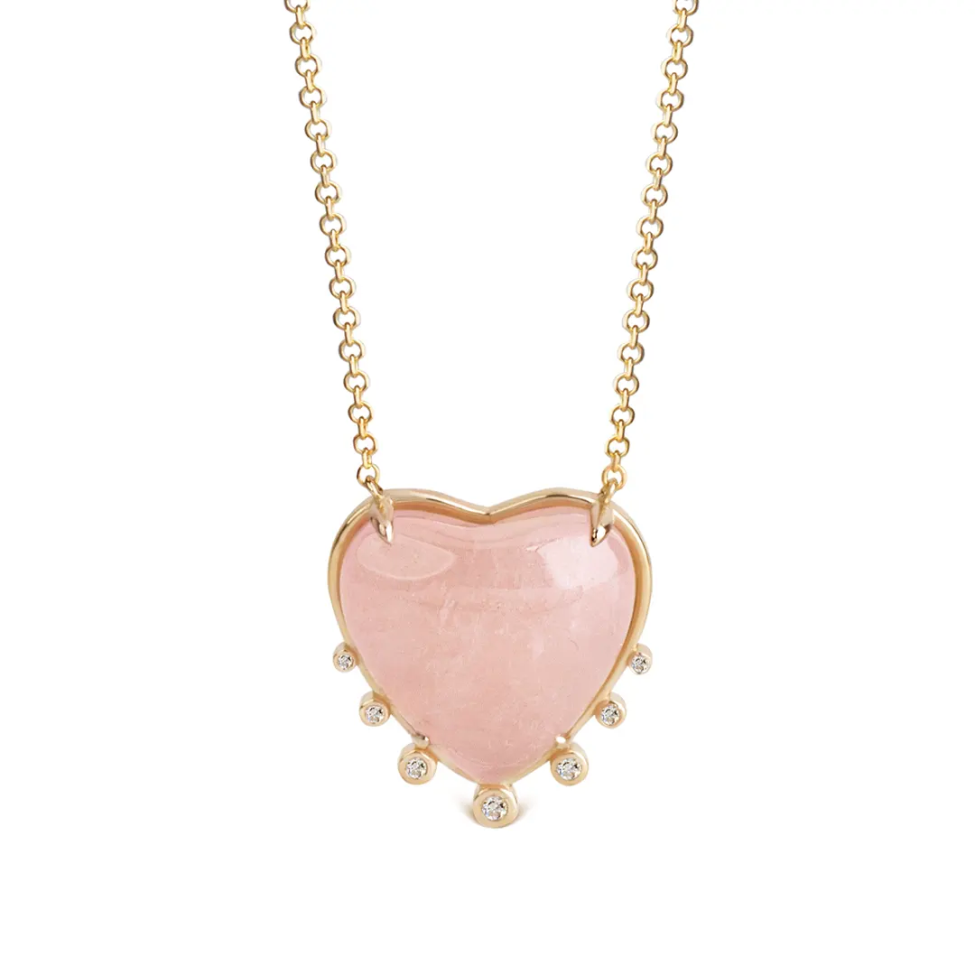 Big Heart Shaped Morganite 14K Gold Necklace with 7 Diamonds
