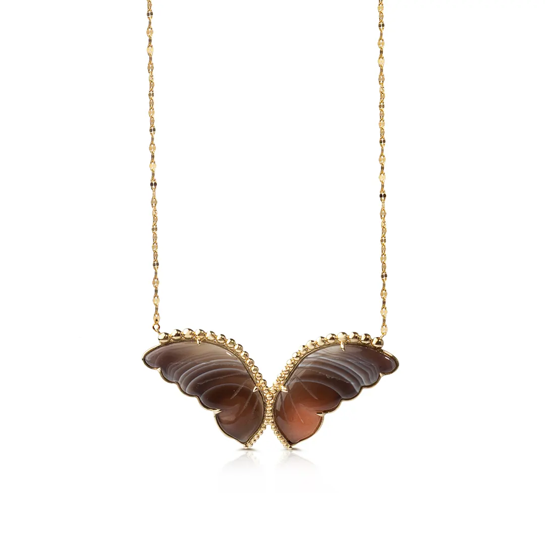 14K Gold Butterfly Necklace with Brown Agate and Gold Dots - Image 2