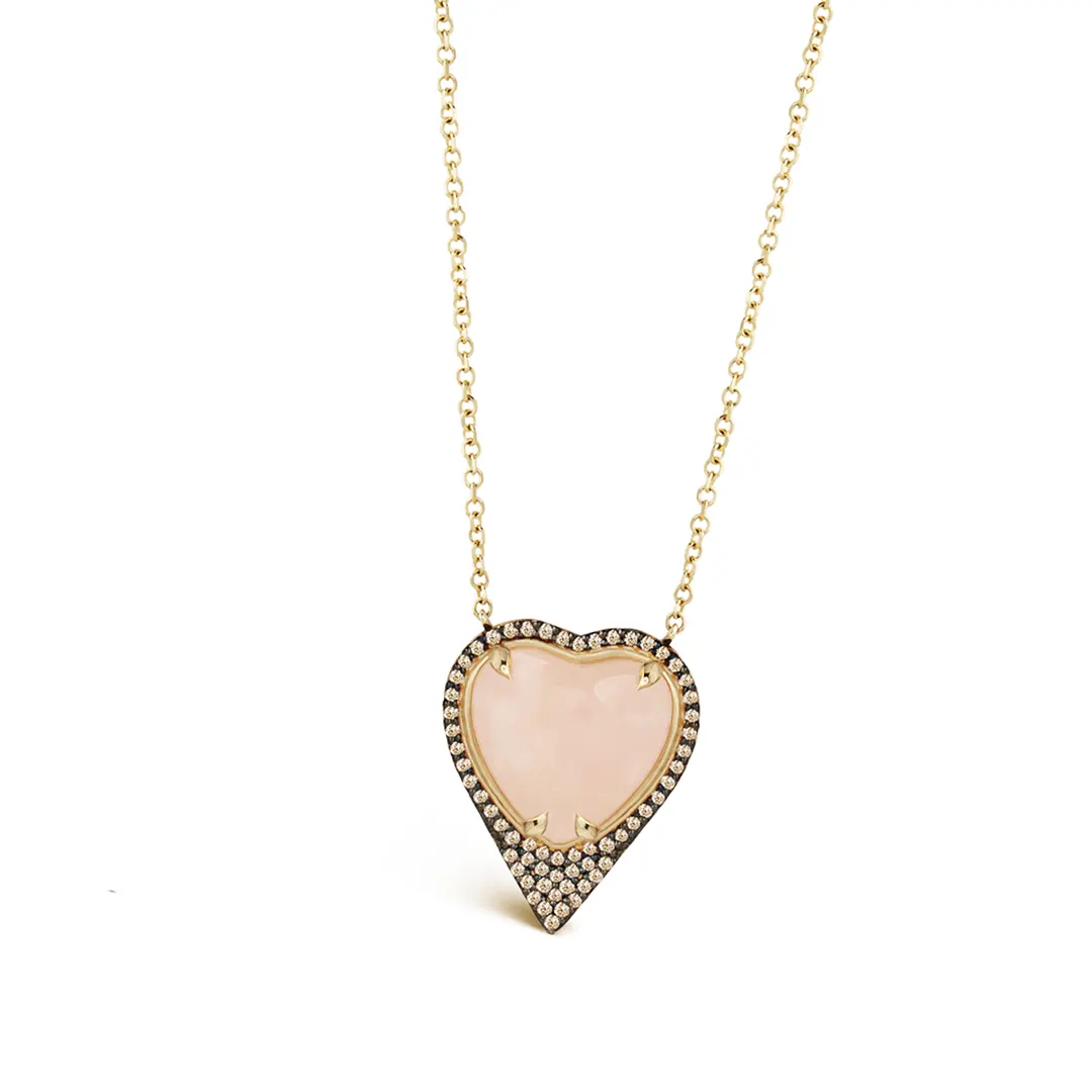 14K Gold Heart-shaped Morganite Necklace framed with Brown Diamond - Image 2