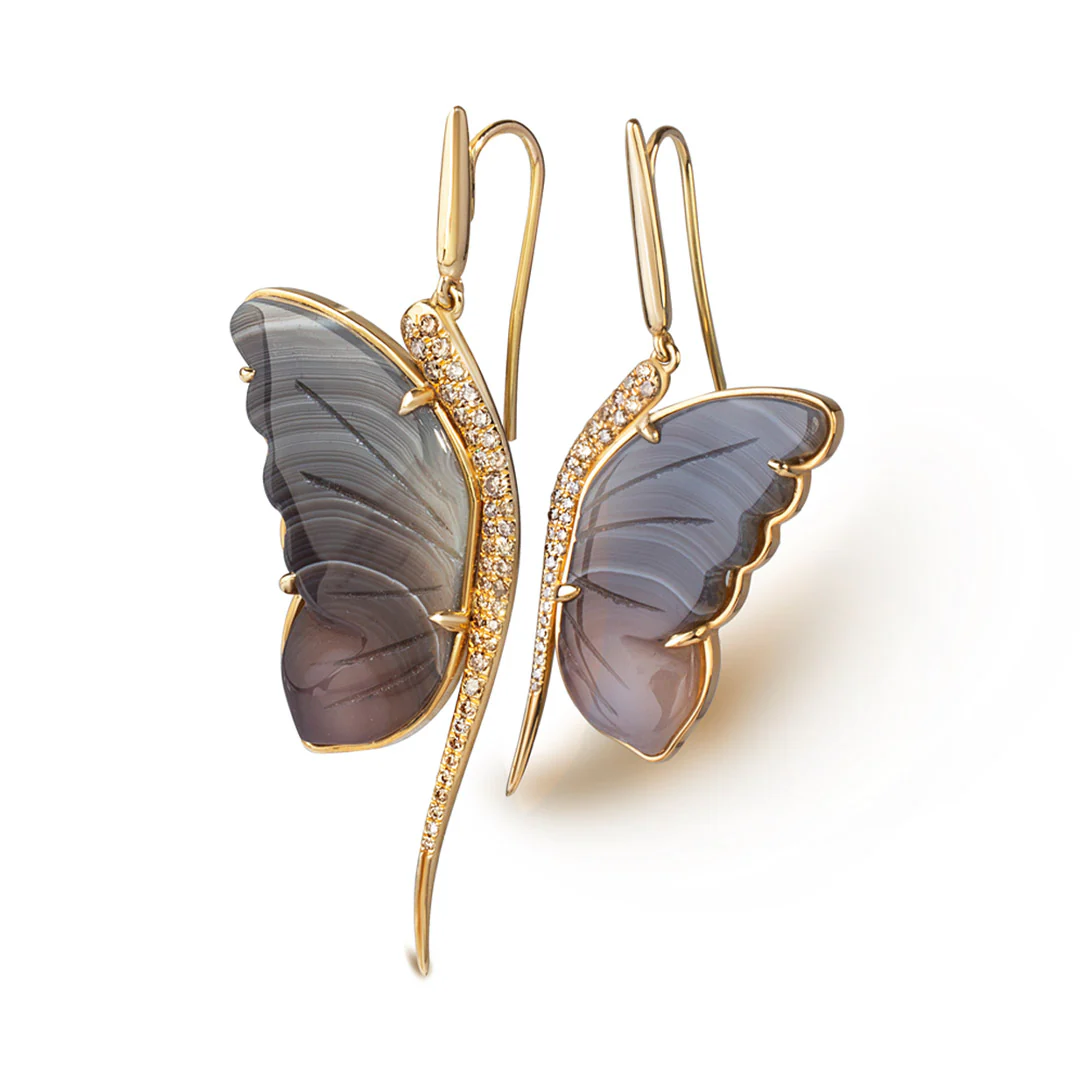 14K Gold Butterfly Earrings with Grey and Brown Agate and Brown Diamonds