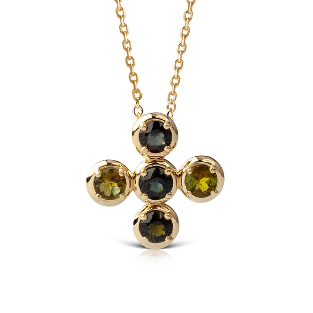 Circle Gold Cross Pendant with 5 Green Tourmalines