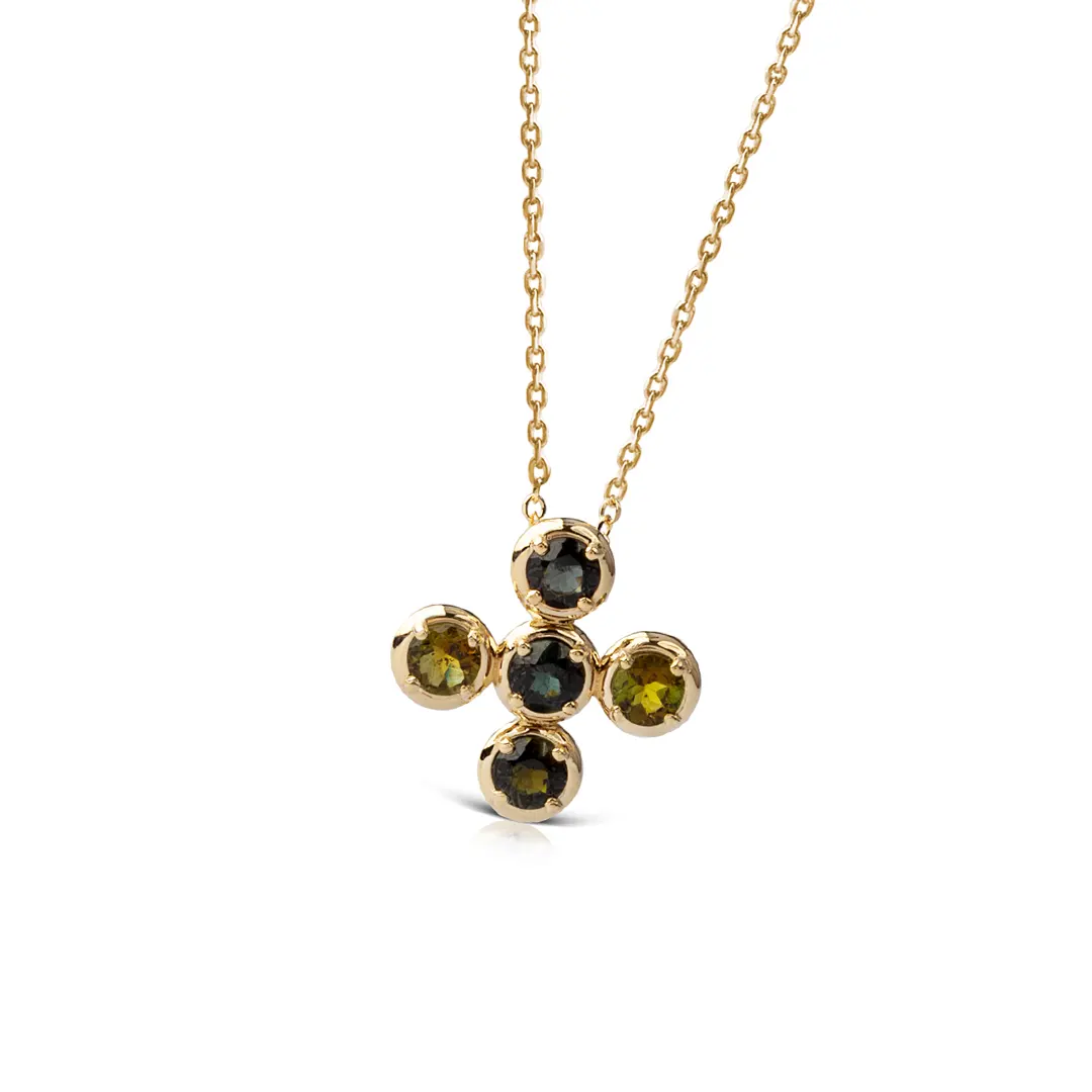Circle Gold Cross Pendant with 5 Green Tourmalines - Image 2