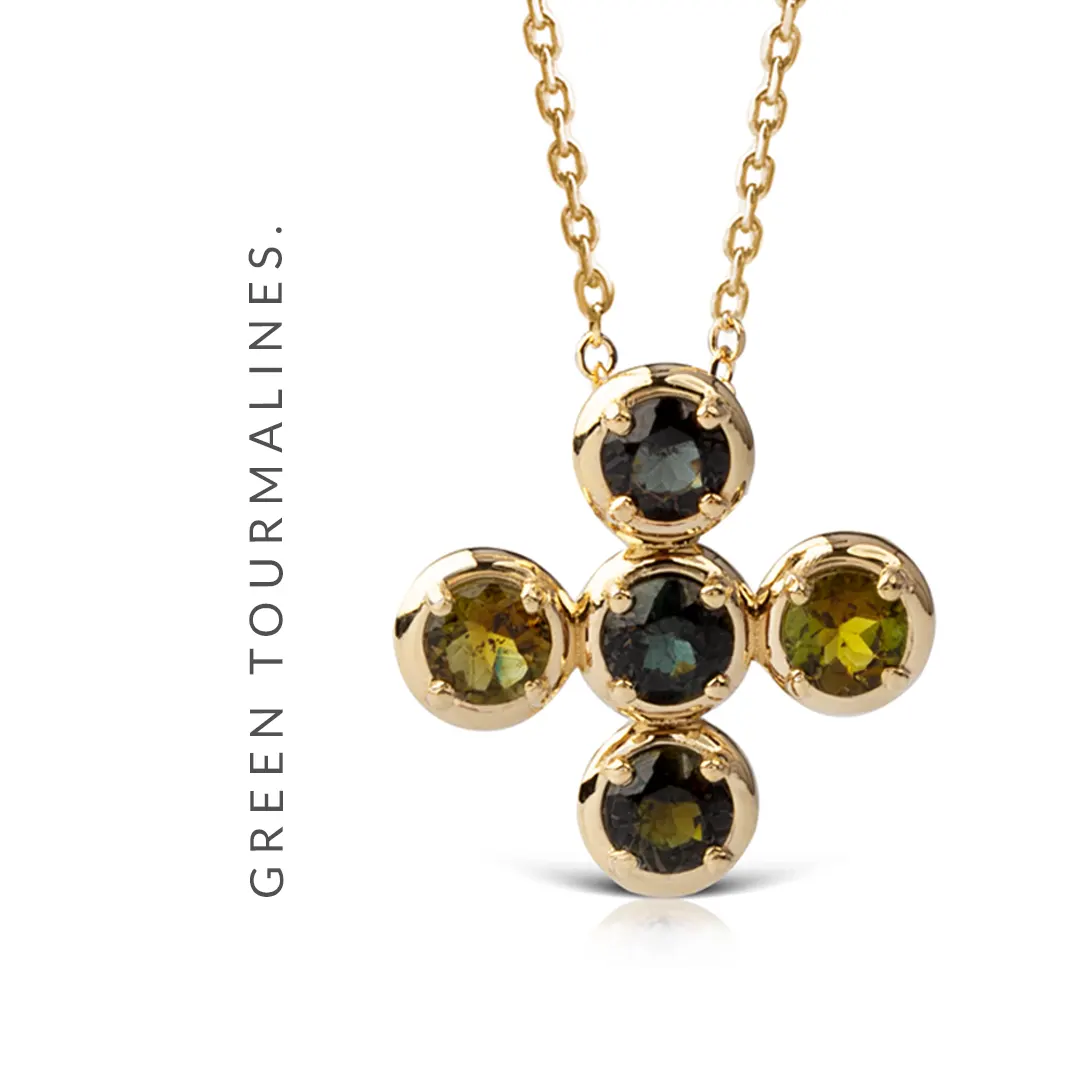 Circle Gold Cross Pendant with 5 Green Tourmalines - Image 3