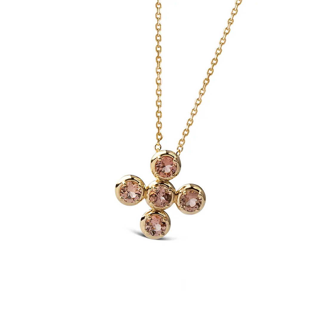 Circle Gold Cross Pendant with 5 Pink Tourmalines - Image 2