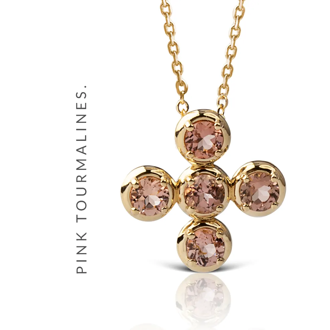 Circle Gold Cross Pendant with 5 Pink Tourmalines - Image 3