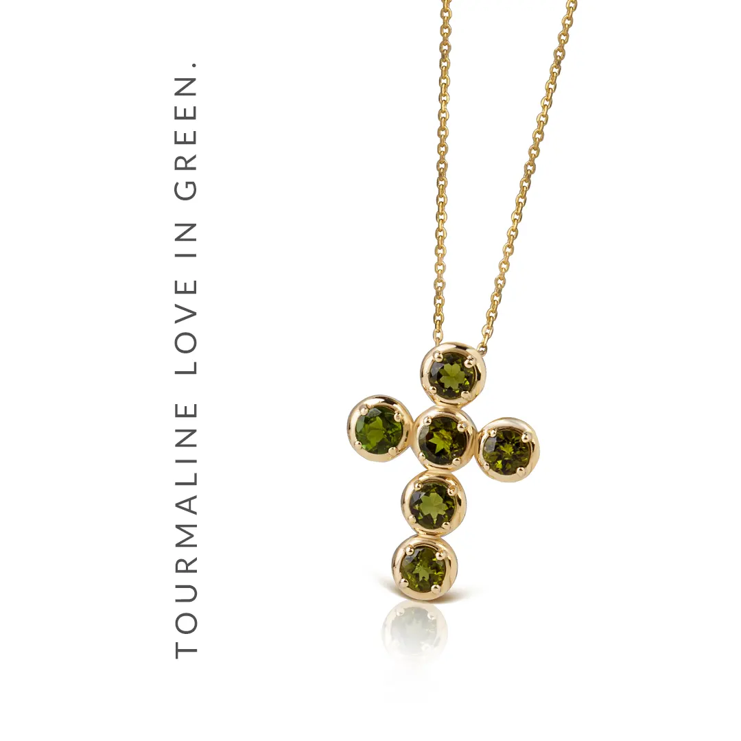 Circle Gold Cross Pendant with 6 Green Tourmalines - Image 3