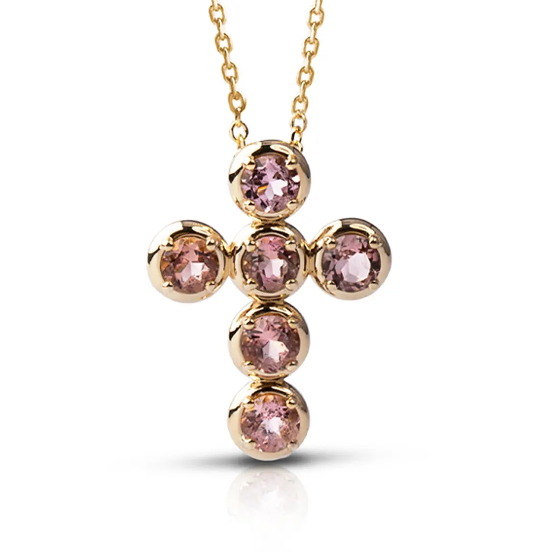 Circle Gold Cross Pendant with 6 Pink Tourmalines