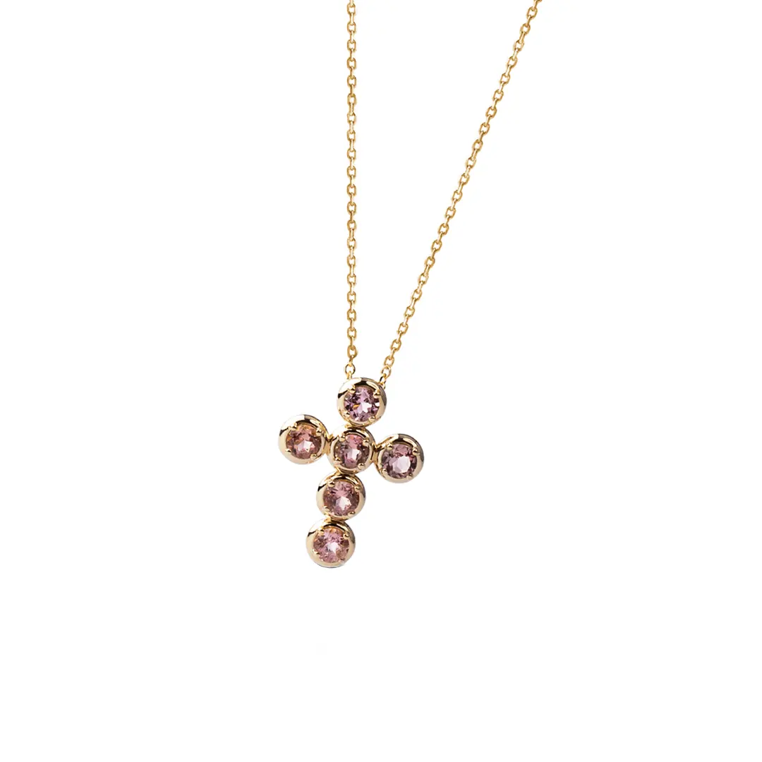 Circle Gold Cross Pendant with 6 Pink Tourmalines - Image 3