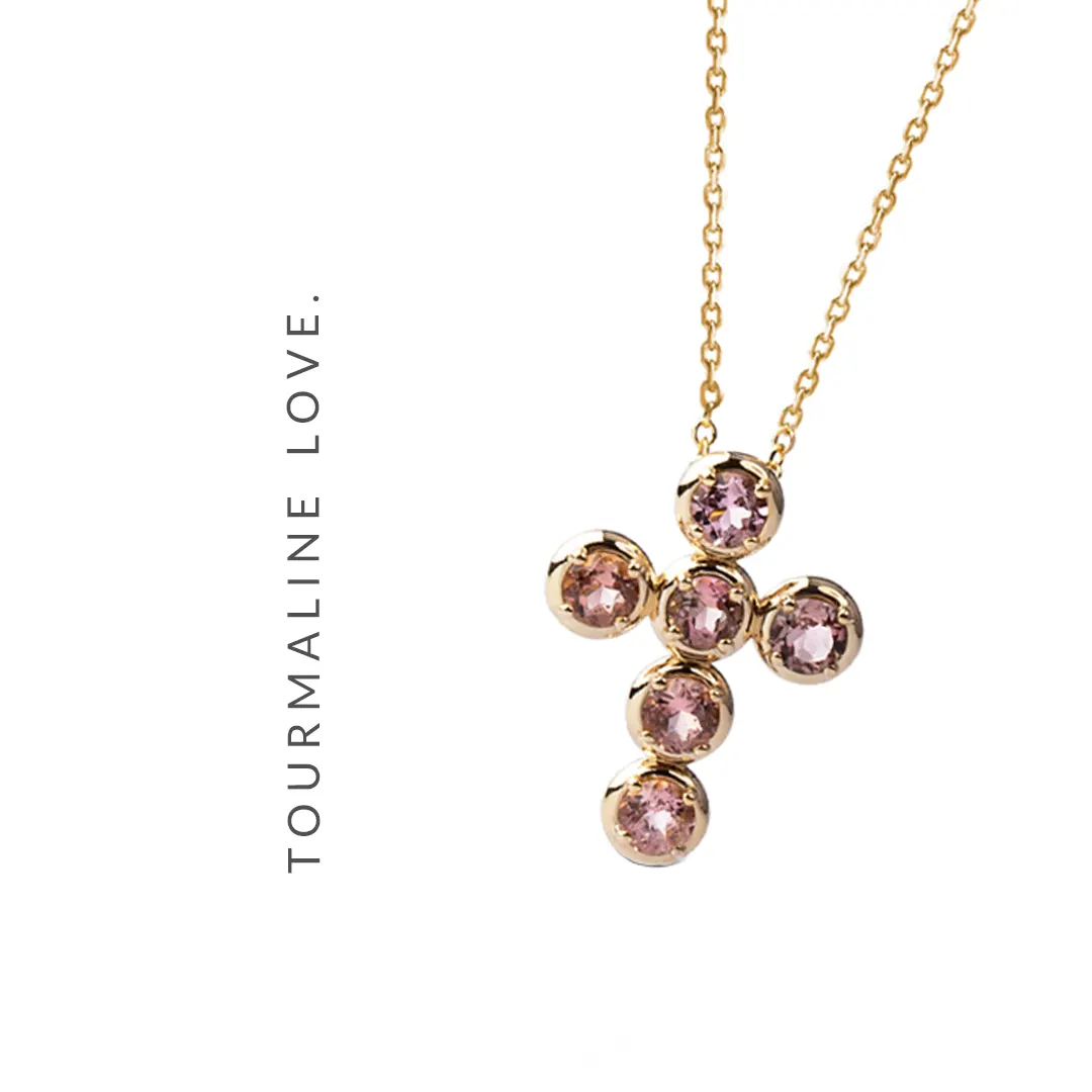 Circle Gold Cross Pendant with 6 Pink Tourmalines - Image 4