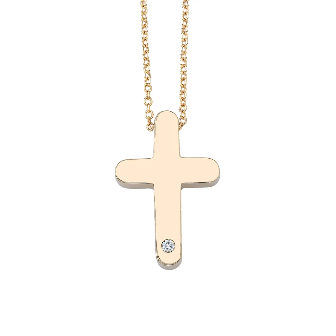 Curved Edges Gold Cross Pendant with Diamond