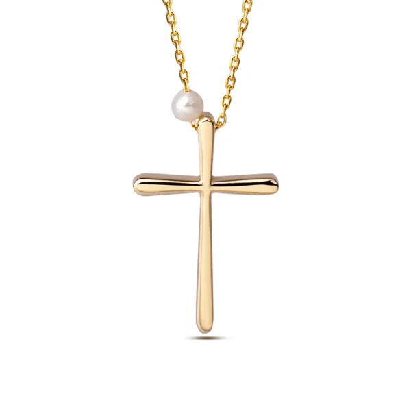 Curved Edges Gold Cross Pendant with Freshwater Pearl - Image 2