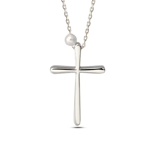Curved Edges Gold Cross Pendant with Freshwater Pearl - Image 3