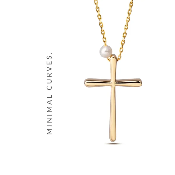 Curved Edges Gold Cross Pendant with Freshwater Pearl - Image 4