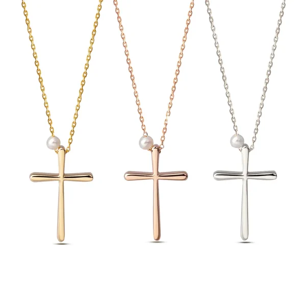 Curved Edges Gold Cross Pendant with Freshwater Pearl - Image 5