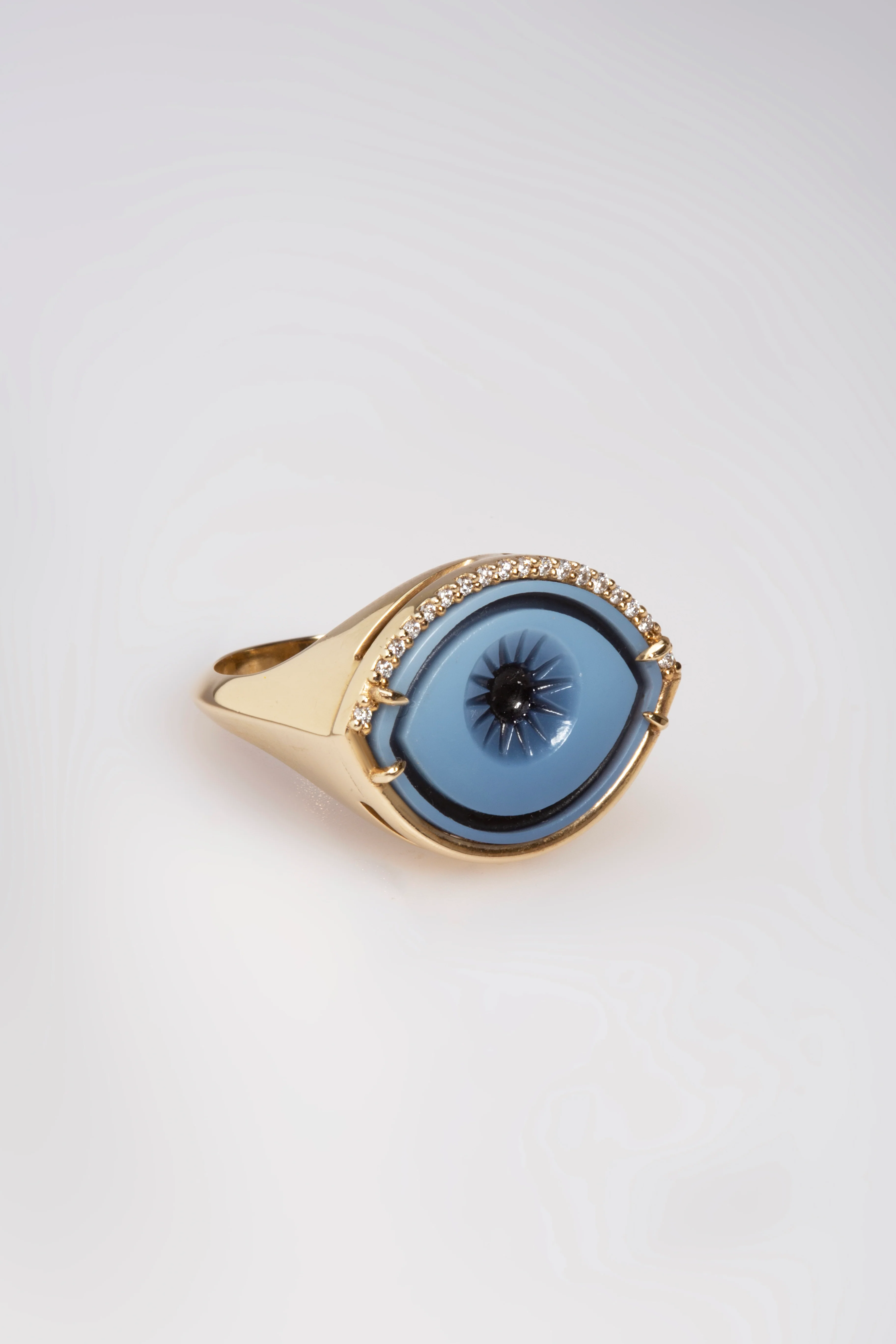 Cycladic Talisman 14K Gold Ring with Cameo Eye and Diamonds - Image 2