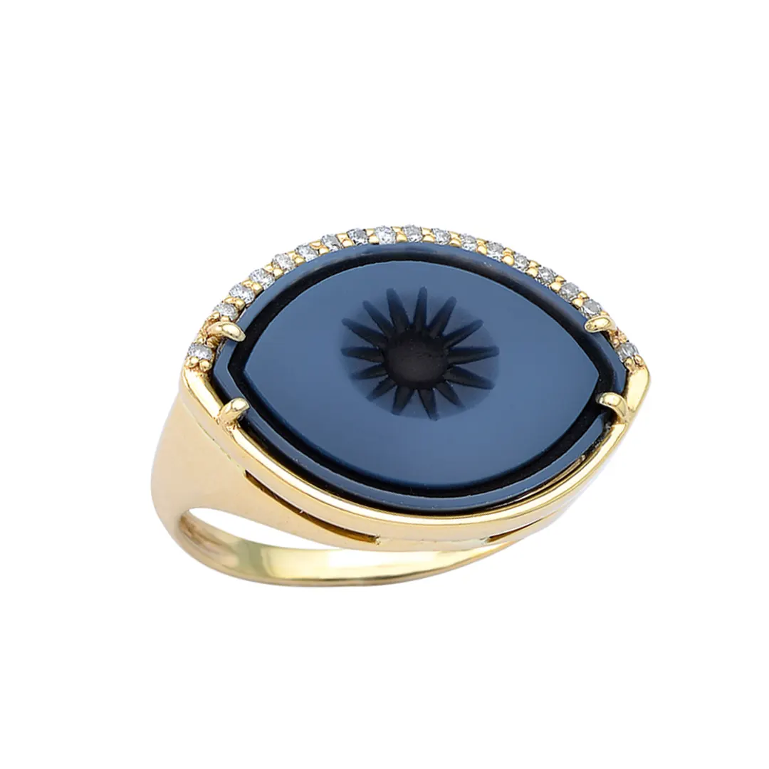 Cycladic Talisman 14K Gold Ring with Cameo Eye and Diamonds - Image 3