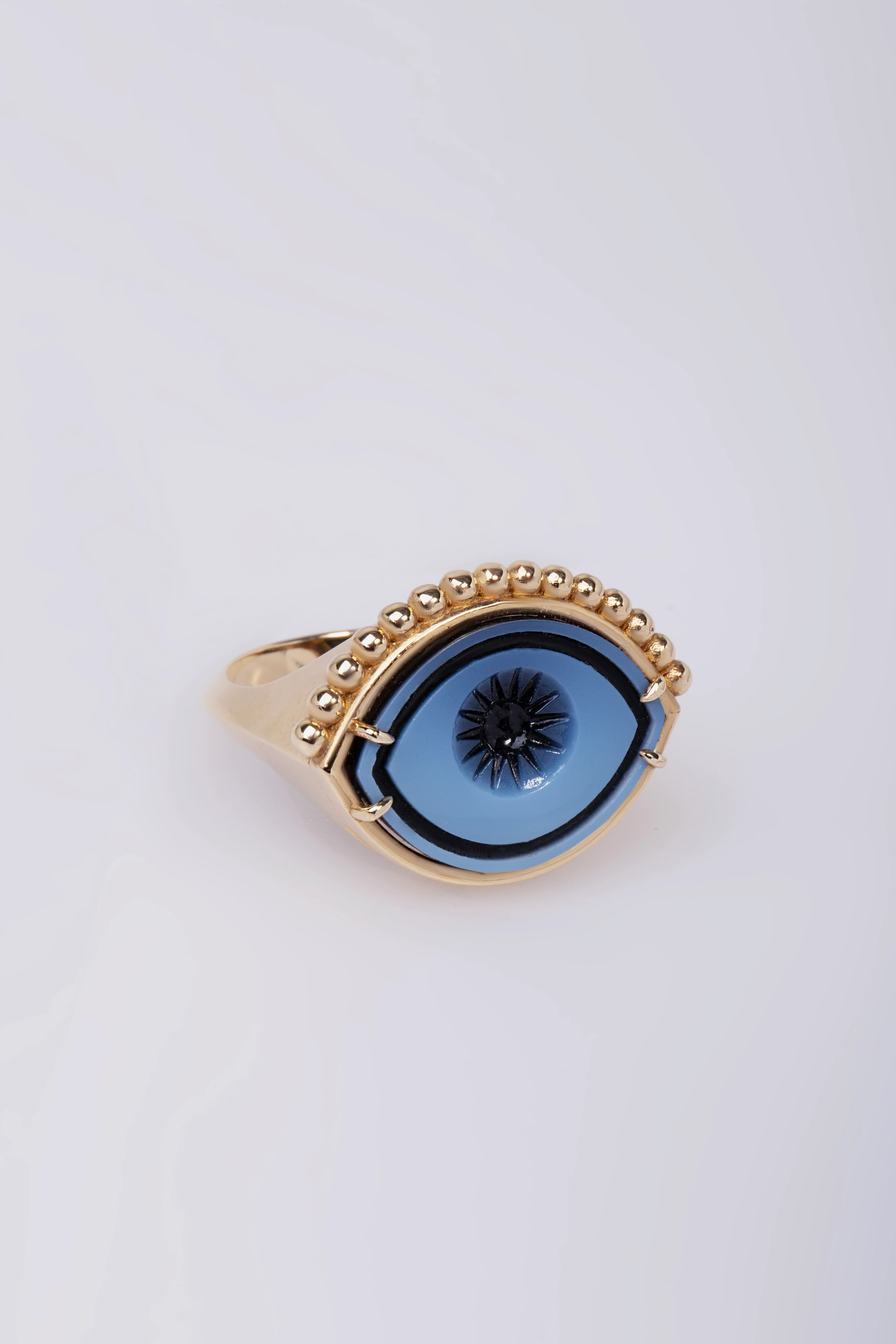 Cycladic Talisman 14K Gold Ring with Cameo Eye and Dot Lashes - Image 2