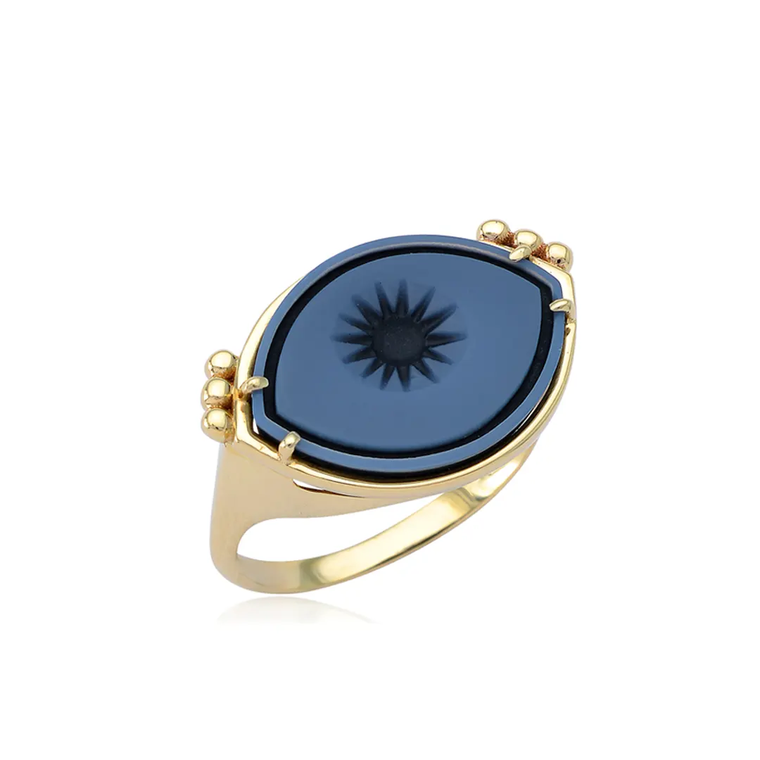 Cycladic Talisman 14K Gold Ring with Cameo Eye and 6 Gold Dots