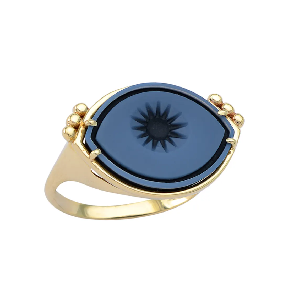 Cycladic Talisman 14K Gold Ring with Cameo Eye and 6 Gold Dots - Image 3