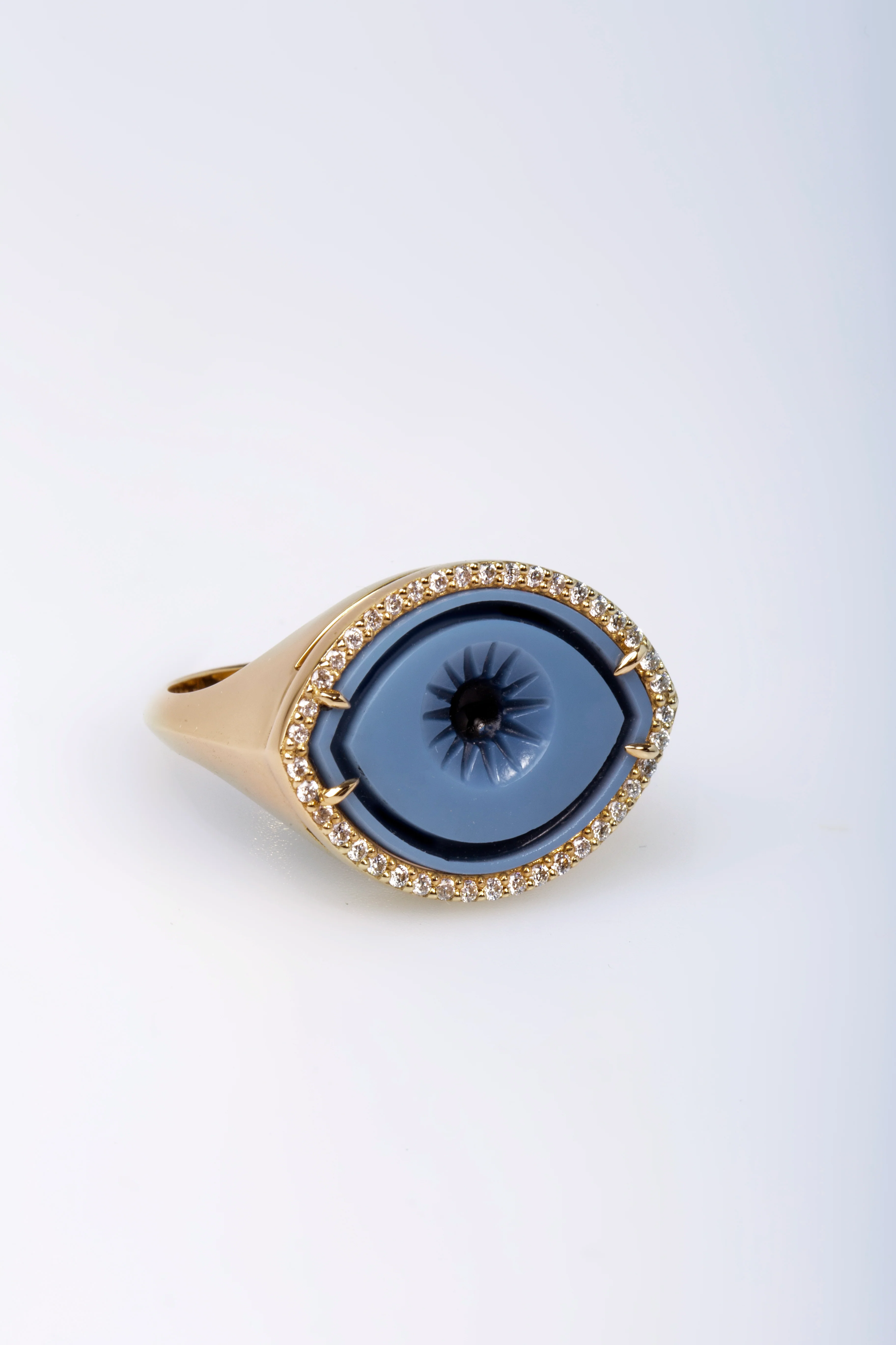 Cycladic Talisman 14K Gold Ring with Cameo Eye framed with Diamonds - Image 2