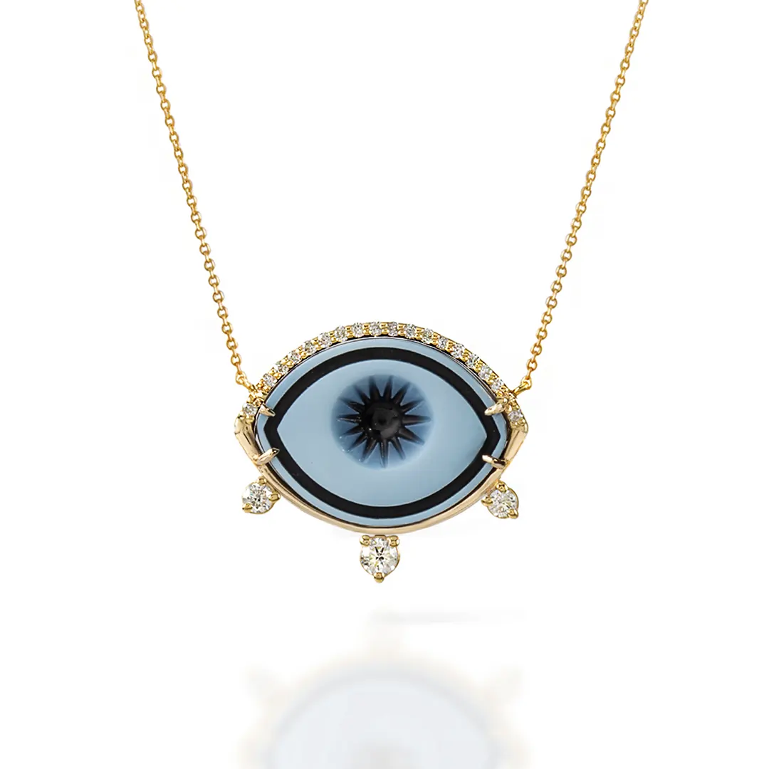 Cycladic Talisman 14K Gold Necklace with Cameo Eye and 3 Diamonds