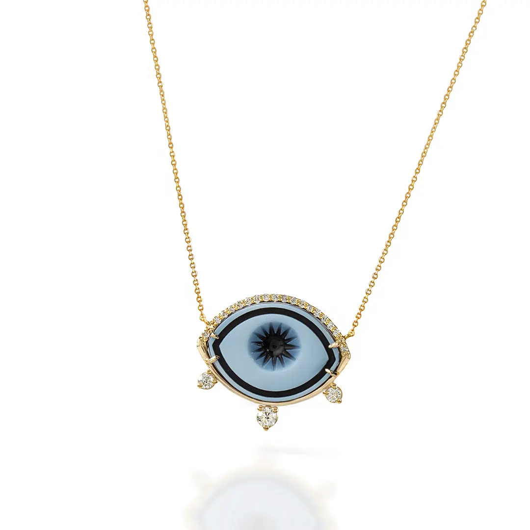 Cycladic Talisman 14K Gold Necklace with Cameo Eye and 3 Diamonds - Image 2