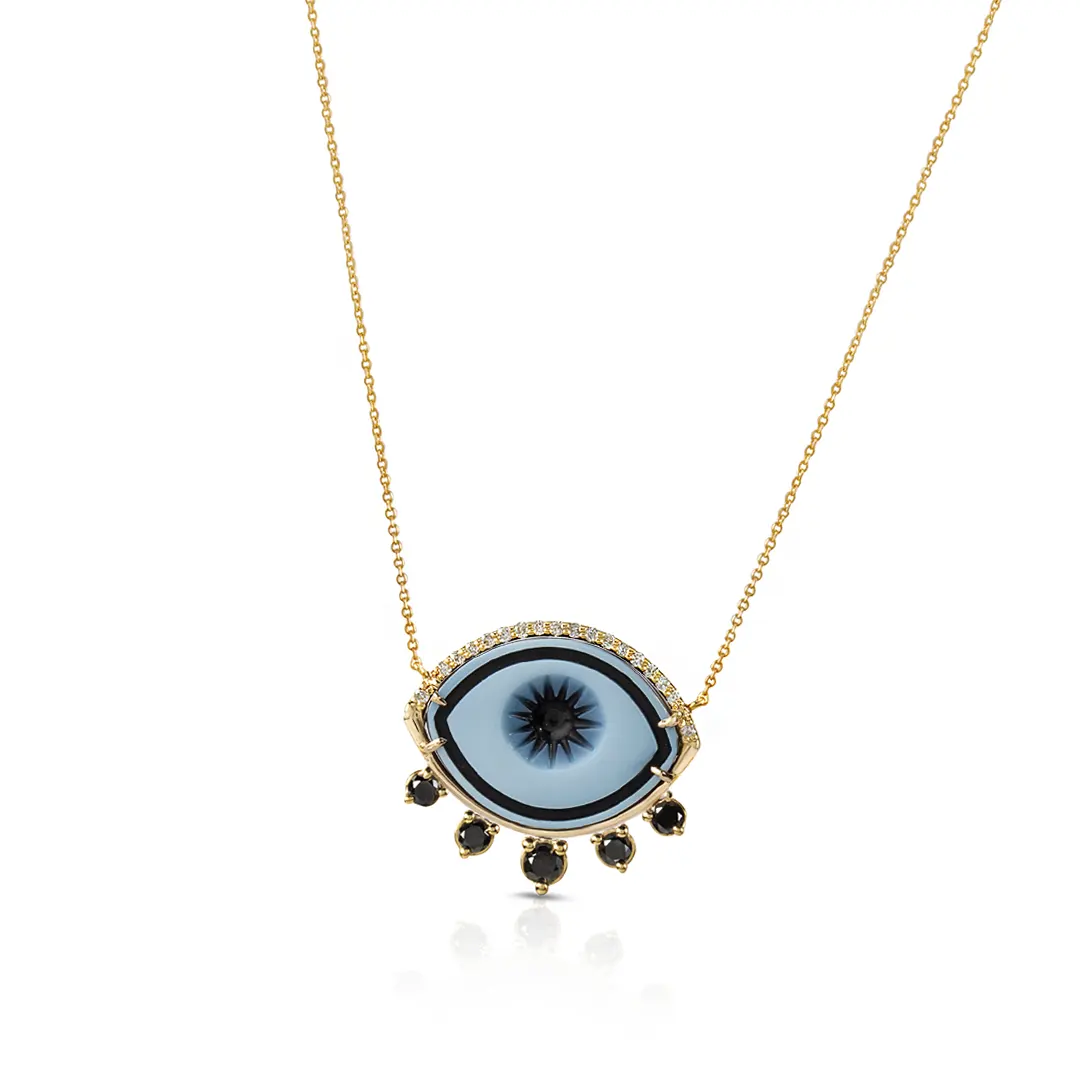 Cycladic Talisman 14K Gold Necklace with Cameo Eye and 5 Black Diamonds - Image 2