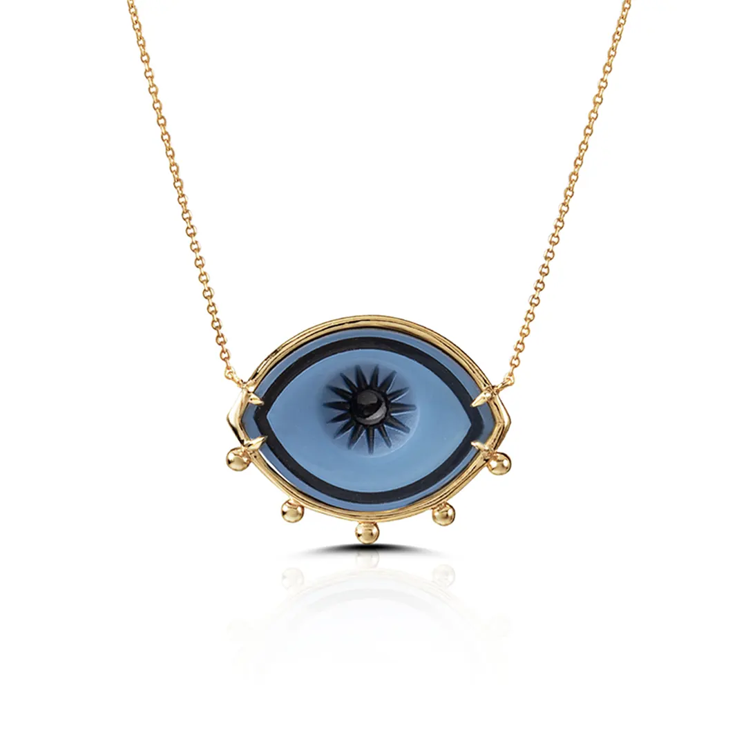 Cycladic Talisman 14K Gold Necklace with Cameo Eye and 5 Gold Dots