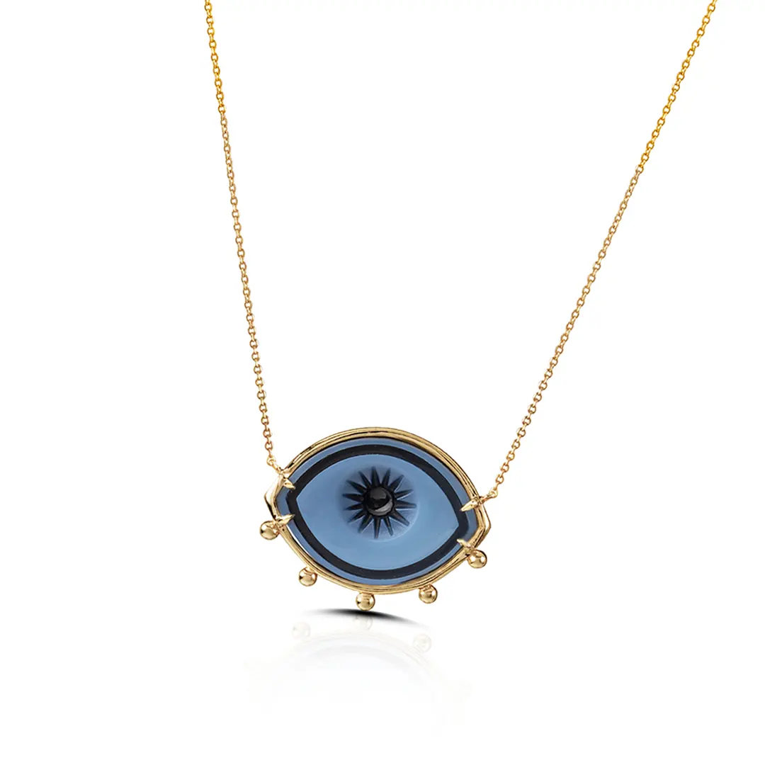 Cycladic Talisman 14K Gold Necklace with Cameo Eye and 5 Gold Dots - Image 2