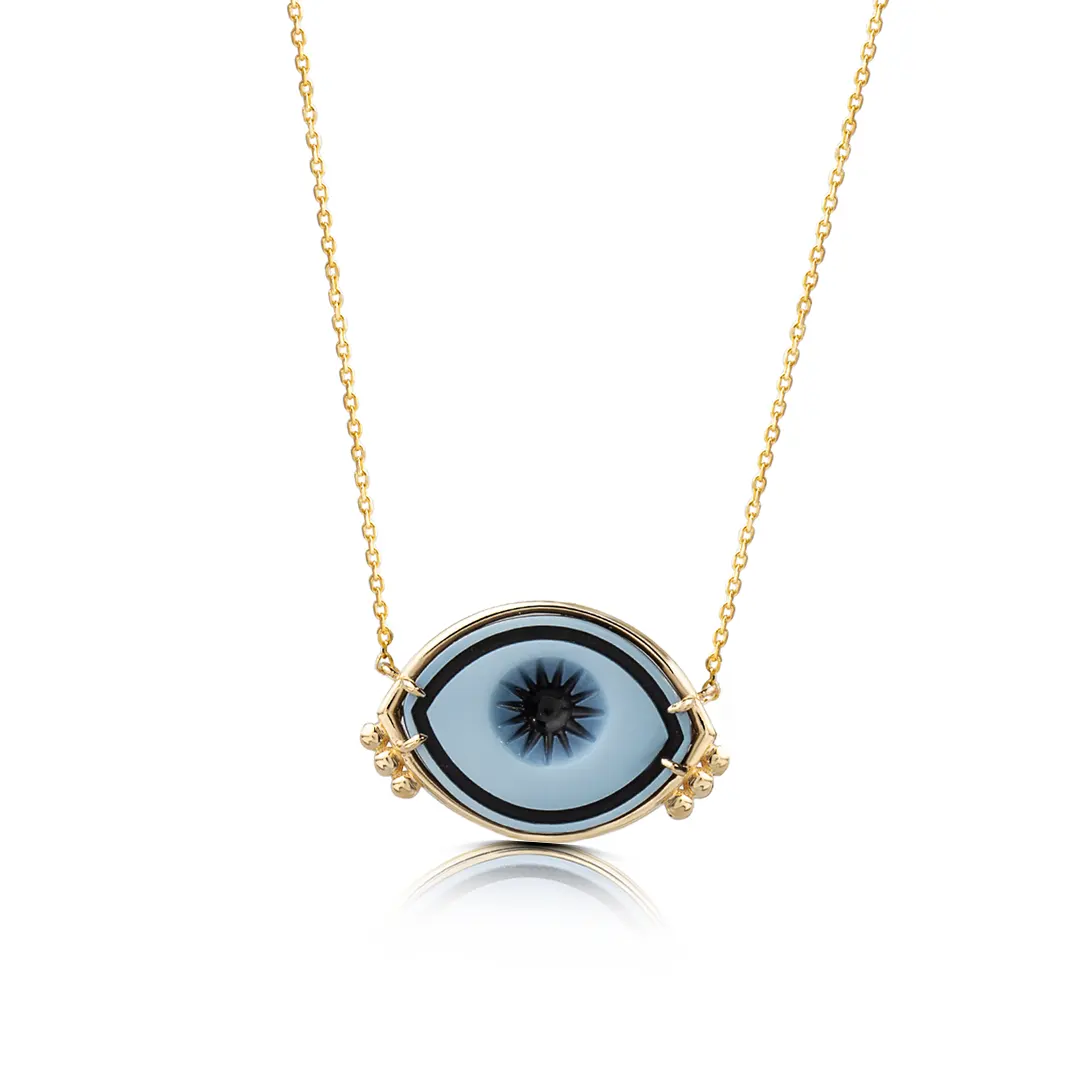 Cycladic Talisman 14K Gold Necklace with Cameo Eye and 6 Gold Dots - Image 2