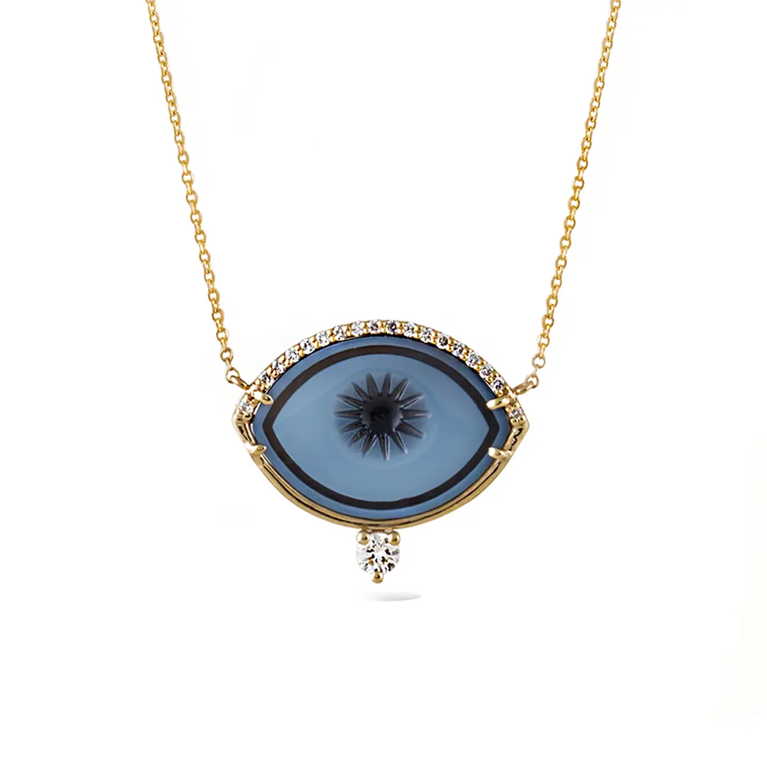 Cycladic Talisman 14K Gold Necklace with Cameo Eye and Diamonds