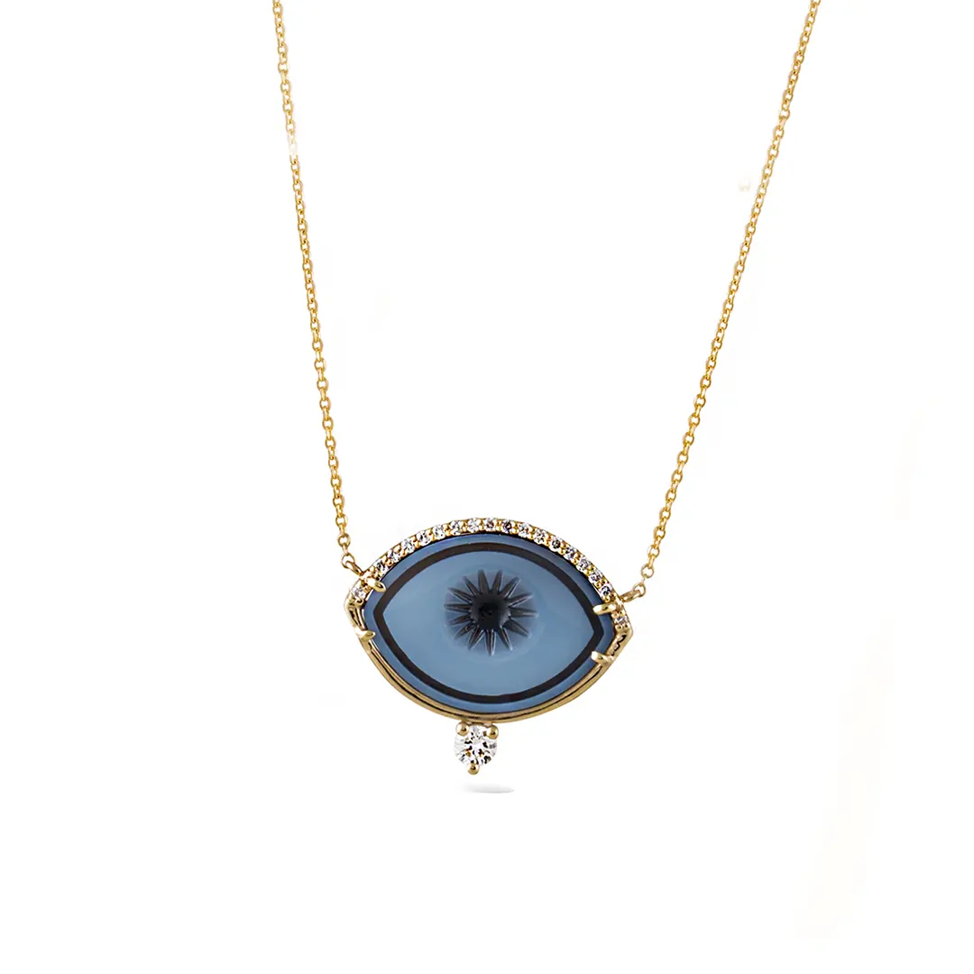 Cycladic Talisman 14K Gold Necklace with Cameo Eye and Diamonds - Image 2