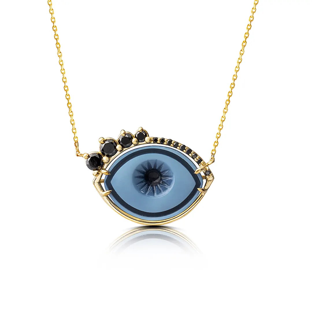 Cycladic Talisman 14K Gold Necklace with Cameo Eye and Black Diamond Lashes