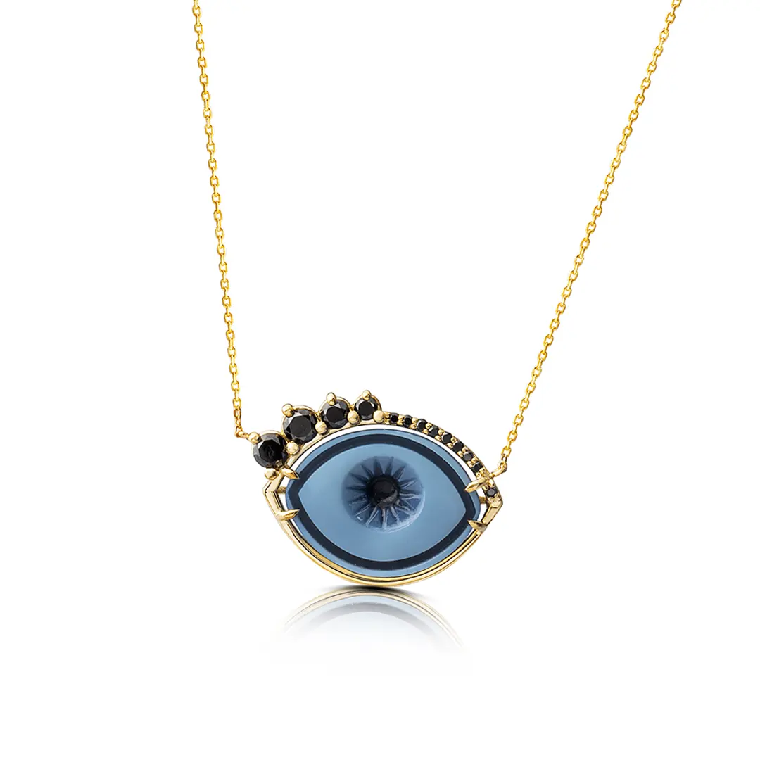Cycladic Talisman 14K Gold Necklace with Cameo Eye and Black Diamond Lashes - Image 2